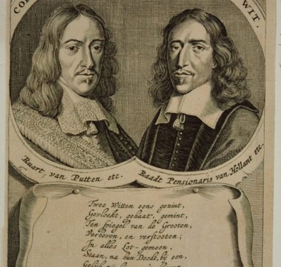 Getekende portretten van Johan en Cornelis de Witt met een geschreven gedicht eronder.