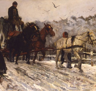 Een wagen met vier paarden rijdt over een brug. Er ligt sneeuw, er lopen mensen.