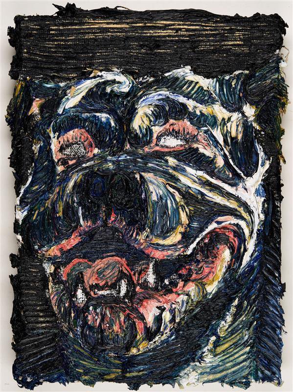 Abstract schildeij van een hondenkop. De achtergrond bestaat uit grove donkere vegen, met lichtere kleuren is de hondenkop vormgegeven.